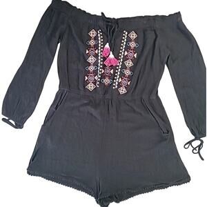 Black Aztec Embroidered Romper XXL – Boho Festival Tassels EUC
